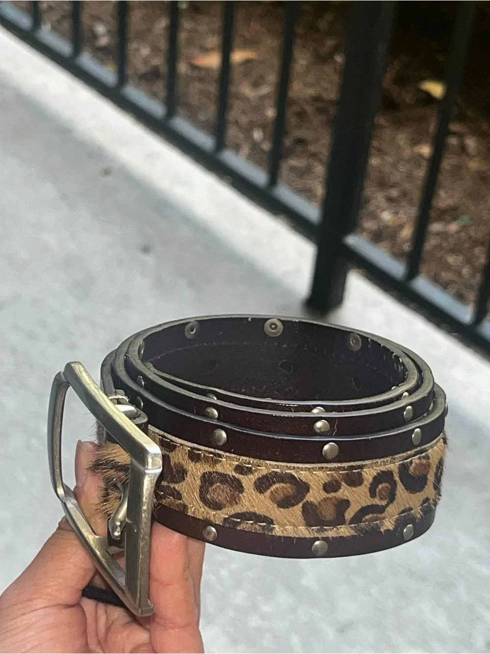 Leopard Print Studded Leather Belt - Brown